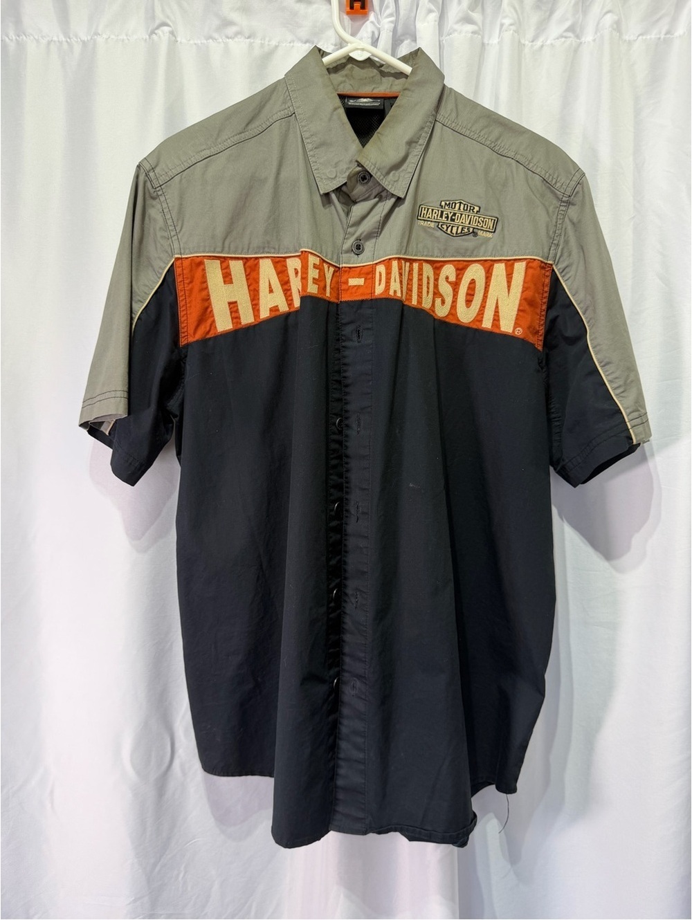 Harley-Davidson Two-Tone Short Sleeve Button Up Shirt - Black, Gray & Orange